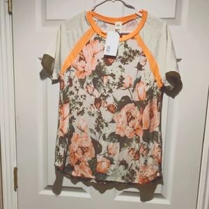 Sew In Love Orange and Grey Short Sleeve Tee With Flower Detail